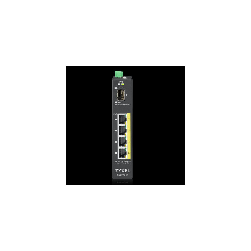 Zyxel Switch unmanaged Layer2 5 Port &bull 4x 1 GbE &bull PoE Budget 120 Watt &bull 4x PoE at &bull 1x SFP &bull Industrial &bul