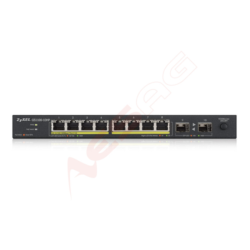 Zyxel Switch unmanaged Layer2 10 Port &bull 8x 1 GbE &bull PoE Budget 130 Watt &bull 8x PoE at &bull 2x SFP &bull Desktop &bull