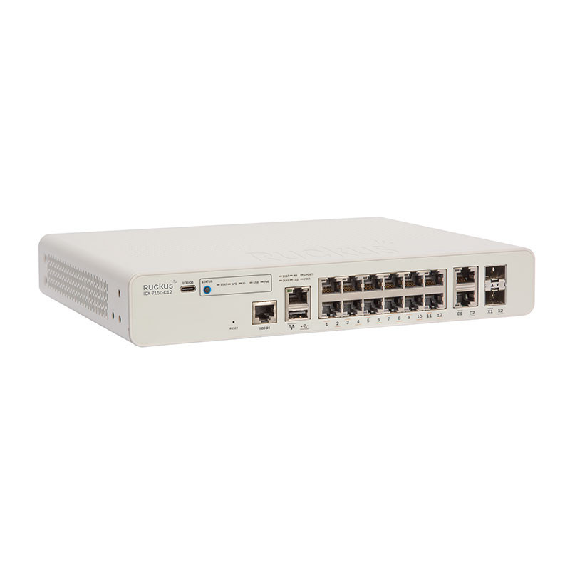 CommScope RUCKUS Networks ICX 7150 Compact Switch 12x 10/100/1000 PoE+ ports, 2x 1G RJ45 uplink-ports, 2x 10G SFP, 124W PoE Ruck