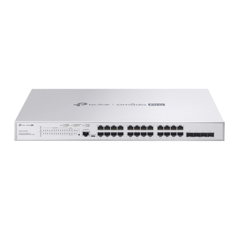 Omada PRO full managed Layer 2+ Switch &bull 28 Port &bull 24x 1GbE, 4x SFP+ &bull PoE Budget 384W &bull 24x PoE at/af &bull Oma