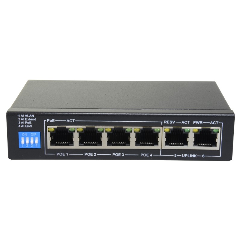 Switch PoE - 4 PoE + ports 2 uplink RJ45 - Speed up to 1000 Mbps on all ports - Total up to 60W for all ports - SF-SW0604POE-