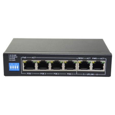Switch PoE - 4 PoE + ports 2 uplink RJ45 - Speed up to 1000 Mbps on all ports - Total up to 60W for all ports - SF-SW0604POE-