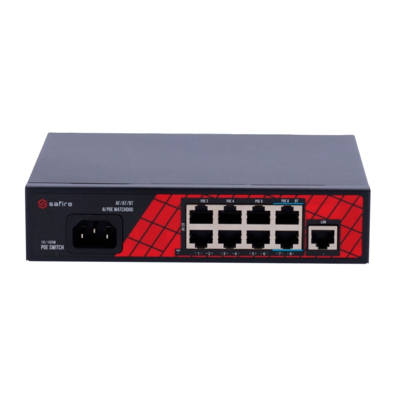 Safire Switch Hi-PoE - 8 PoE + ports 1 uplink RJ45 - connectors speed 10/100Mbps - 6 PoE+ ports 30W + 2 Hi-PoE ports 6 - SF-S