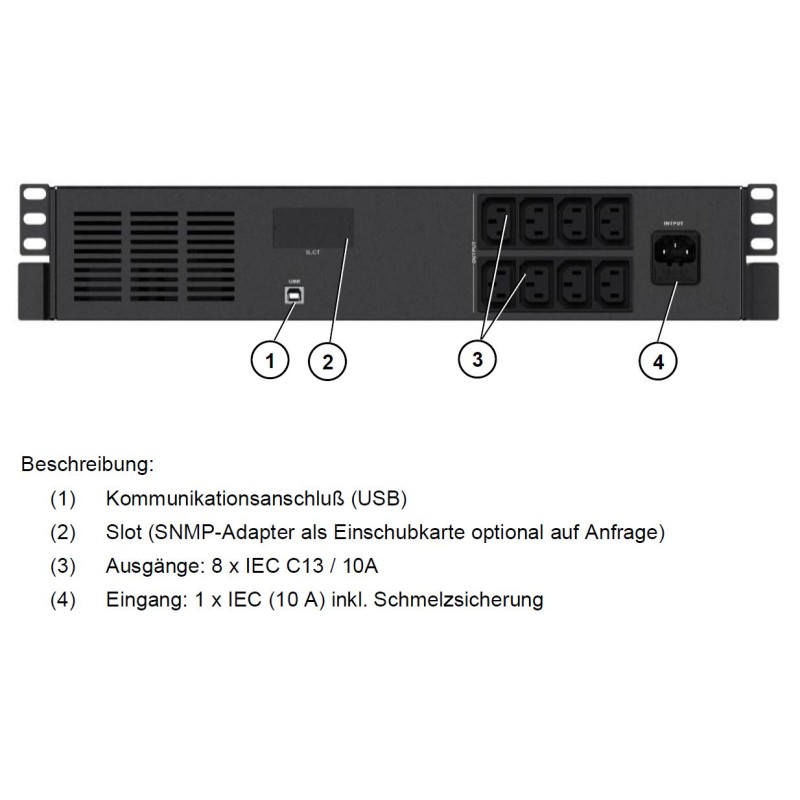 Effekta Line-Interactive UPS, 600VA, 19"/2HE, 12min at cos phi 0.7, USB, OFFICE series - 213626 - 1