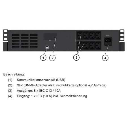 Effekta Line-Interactive UPS, 600VA, 19"/2HE, 12min at cos phi 0.7, USB, OFFICE series - 213626 - 1