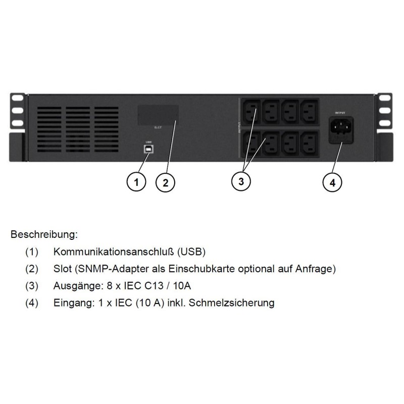Effekta Line-Interactive UPS, 1000VA, 19"/2HE, 25min at cos phi 0.7, USB, OFFICE series - 213627 - 1