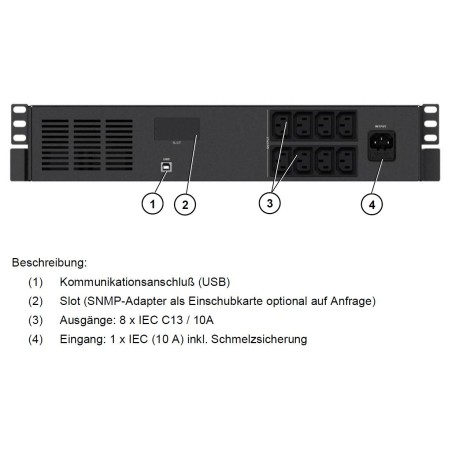 Effekta Line-Interactive UPS, 1000VA, 19"/2HE, 25min at cos phi 0.7, USB, OFFICE series - 213627 - 1
