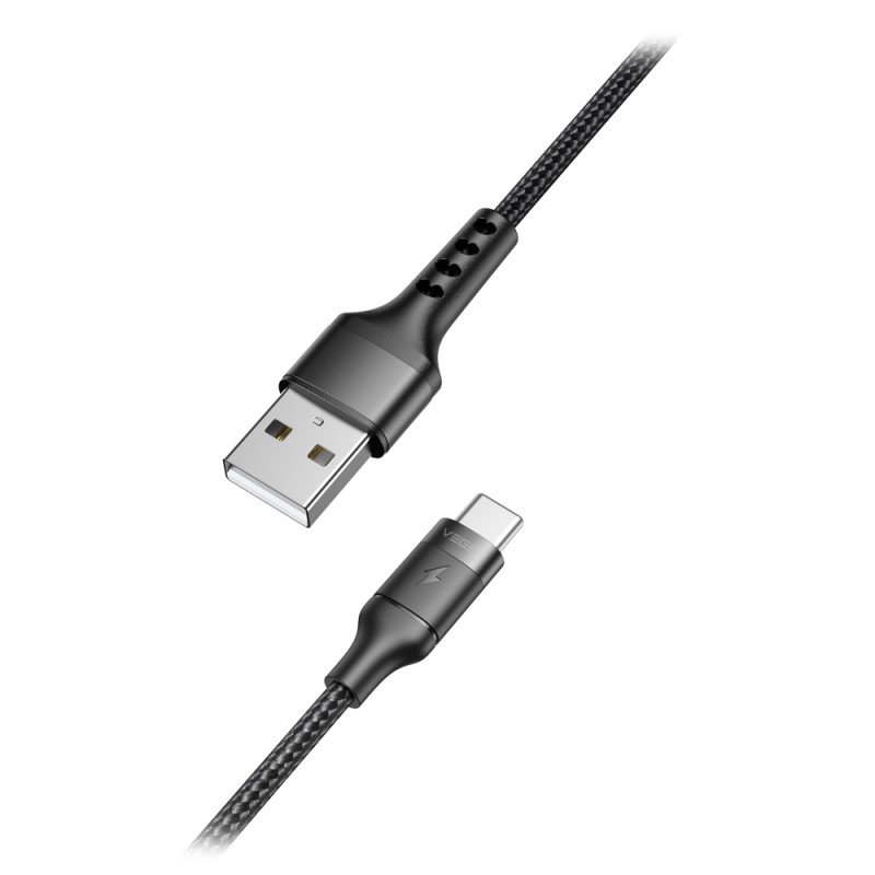 Veger - USB-Kabel 2.0 für Laptops - USB-A auf USB-C - Metallmantel, geflochtenes Nylon - Länge 1.2m - Schnellladung : Farbe schw