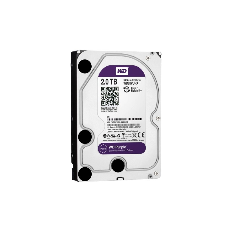 Hard drive - Capacity 2 TB - SATA interface 6 GB/s - Model WD20PURX - Special for video recorders - Loose or in DVR instal - HD2