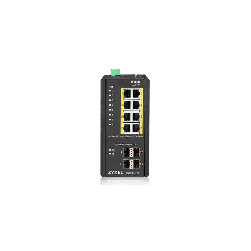 Zyxel Switch unmanaged Layer2 12 Port Â&bull 8x 1 GbE Â&bull PoE Budget 240 Watt Â&bull 8x PoE at Â&bull 4x SFP Â&bull Industria