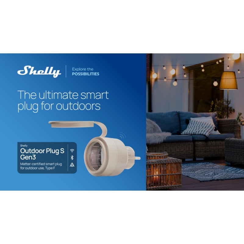 Shelly · Plug & Play "Outdoor Plug S Gen3" · Adapter plug for outdoors · 12A · Measuring function · WLAN · Matter · BT - 239974 