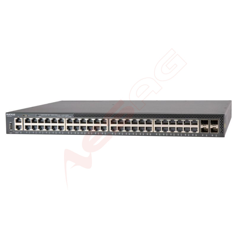 CommScope RUCKUS ICX8200-48PF2-E Switch, 48x10/100/1000 Mbps PoE+ ports, 4x25 GbE SFP28 stacking/uplink-ports, 740 W PoE budget