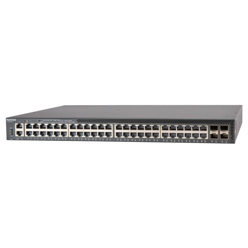 CommScope RUCKUS ICX8200-48PF2-E2 Switch, 48x10/100/1000 Mbps PoE+ ports, 4x25 GbE SFP28 stacking/uplink-ports 1440 W PoE budget