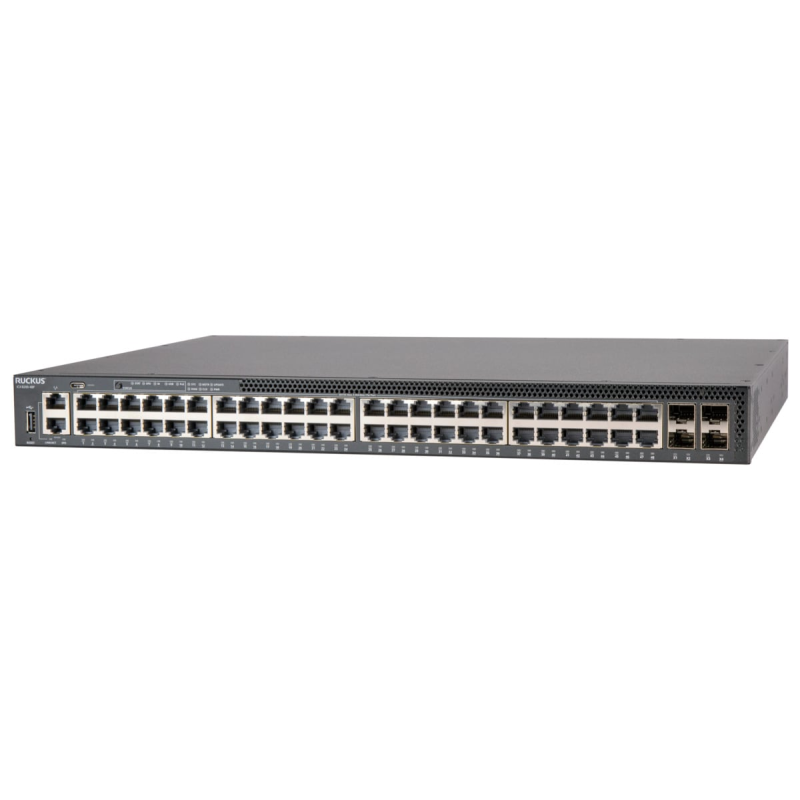 CommScope RUCKUS ICX8200-48P Switch, 48x10/100/1000 Mbps PoE+ ports, 4x25 GbE SFP28 stacking/uplink-ports, 370 W PoE budget Ruck