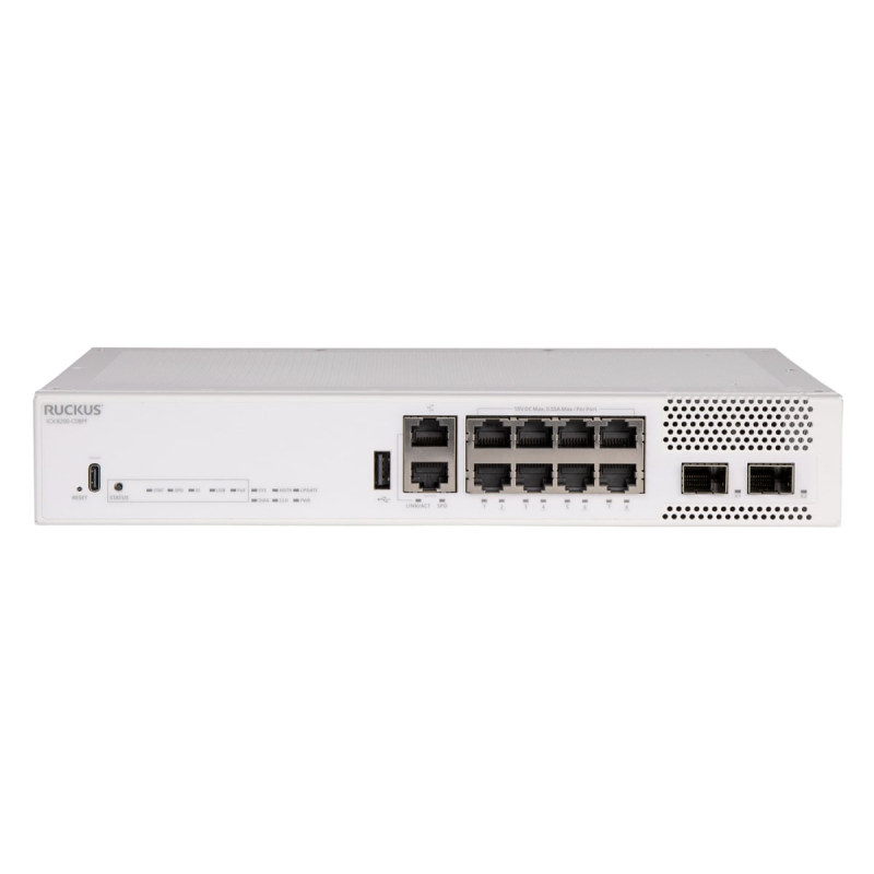 CommScope RUCKUS ICX8200-C08PF Compact Switch, 8x10/100/1000 Mbps PoE+ ports, 2x10 GbE SFP+ stacking/uplink-ports, 124W PoE budg