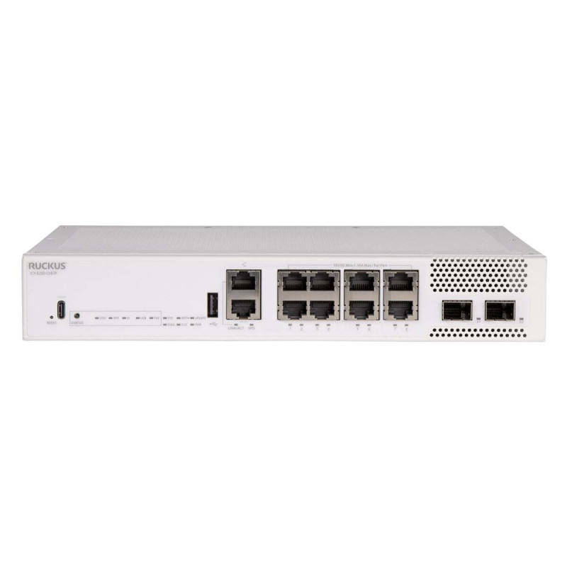 CommScope RUCKUS ICX8200-C08PF Compact Switch, 8x10/100/1000 Mbps PoE+ ports, 2x10 GbE SFP+ stacking/uplink-ports, 124W PoE budg