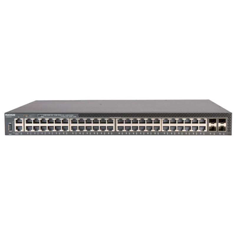 CommScope RUCKUS ICX8200-48PF2-E2 Switch, 48x10/100/1000 Mbps PoE+ ports, 4x25 GbE SFP28 stacking/uplink-ports 1440 W PoE budget